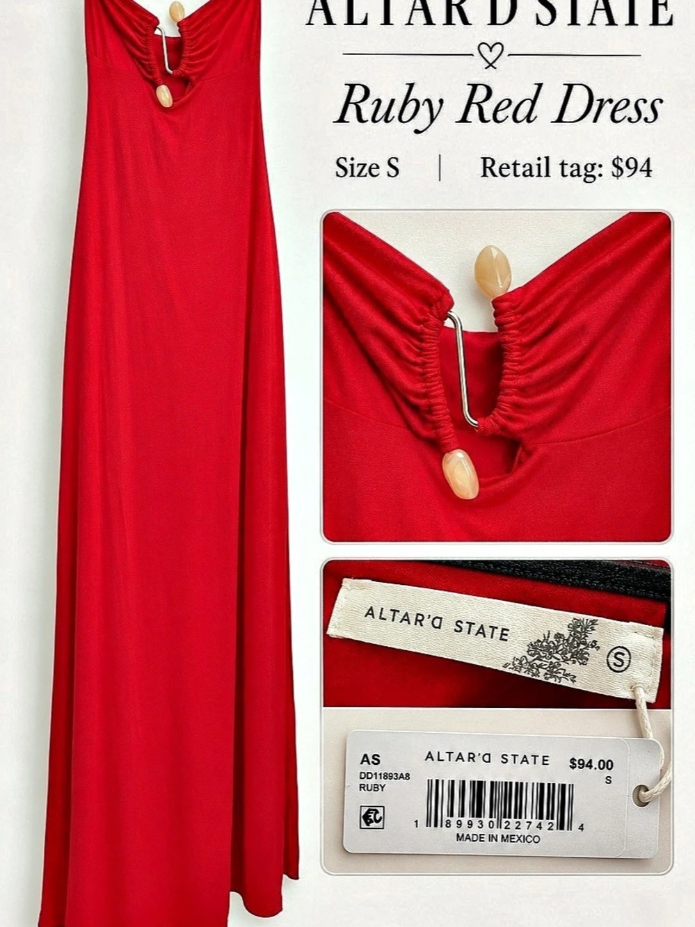 Altar'd State Ruby Red Dress Maxi in Red Size Small